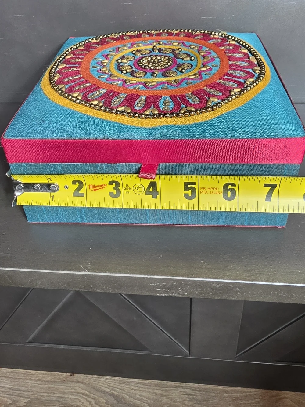 Jewelry Box With Mirror Beaded Fabric Covered Handmade In India Teal & Pink